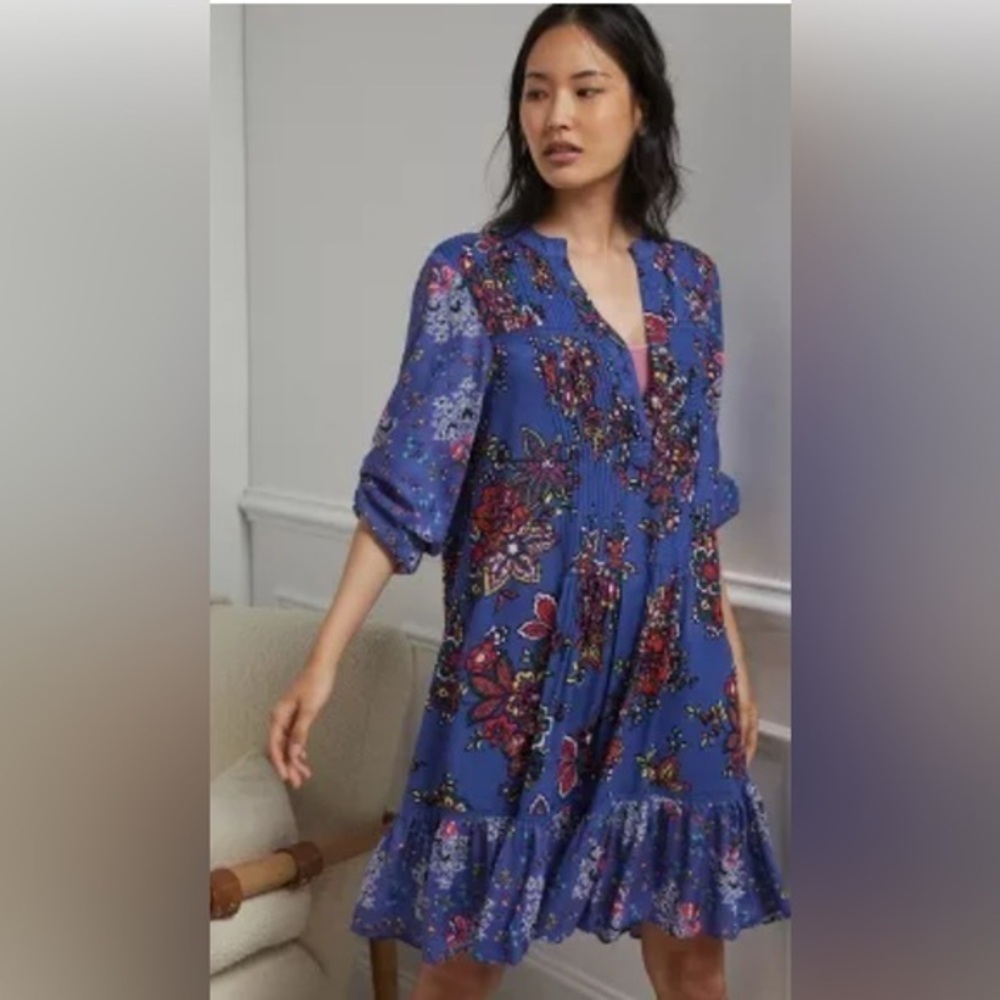 Anthropologie Purple Floral Pintucked Flounce Diana Dress | Summer EUC S #1574